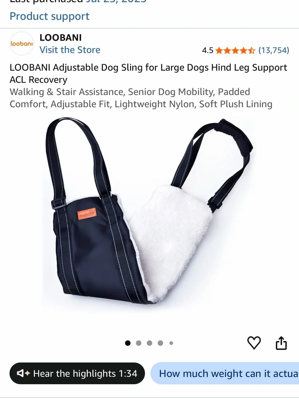 BNWT Sz L. Dog mobility sling for hind, rear leg assistance.